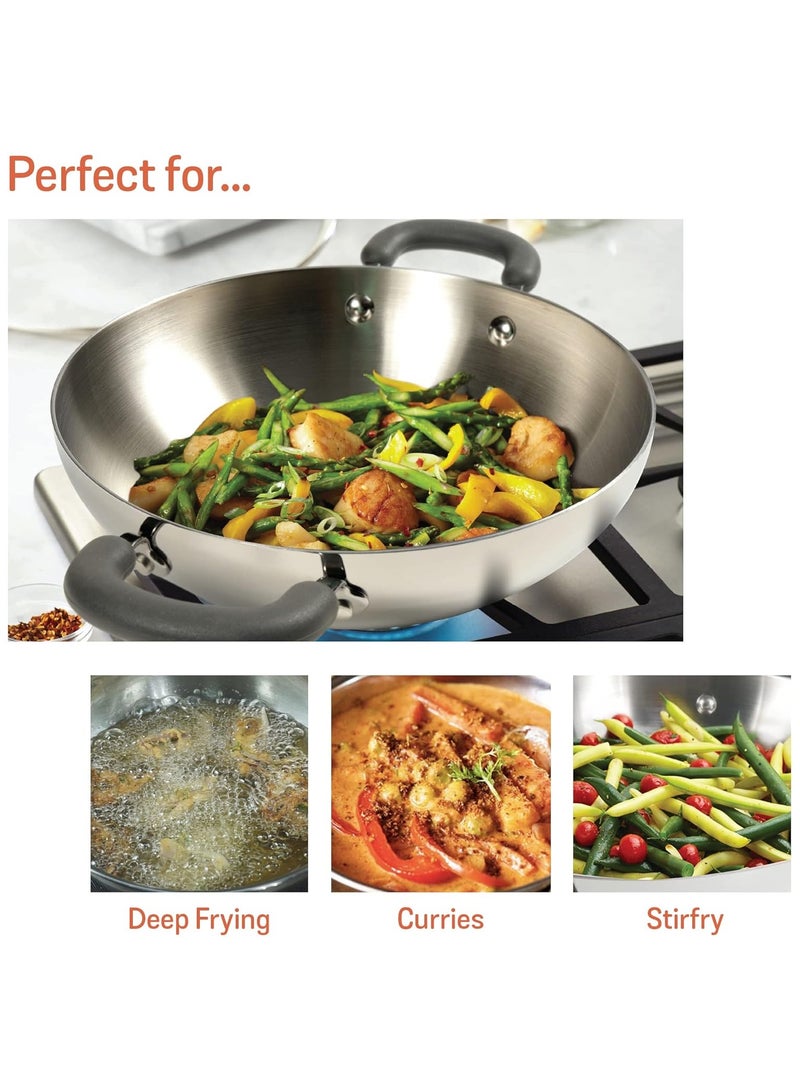 بريتيش شيف مقلاة كاداي من الفولاذ المقاوم للصدأ من British Chef مقاس 22 سم مع غطاء زجاجي | قاعدة متوافقة مع موقد الحث والغاز | مقابض مقاومة للحرارة | مقلاة متعددة الأغراض للقلي العميق والطهي - Image 3