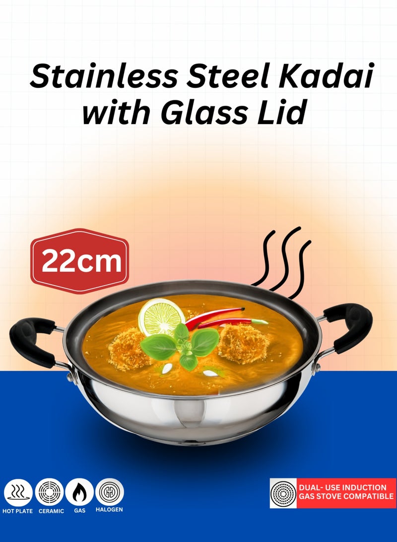 بريتيش شيف مقلاة كاداي من الفولاذ المقاوم للصدأ من British Chef مقاس 22 سم مع غطاء زجاجي | قاعدة متوافقة مع موقد الحث والغاز | مقابض مقاومة للحرارة | مقلاة متعددة الأغراض للقلي العميق والطهي - Image 2