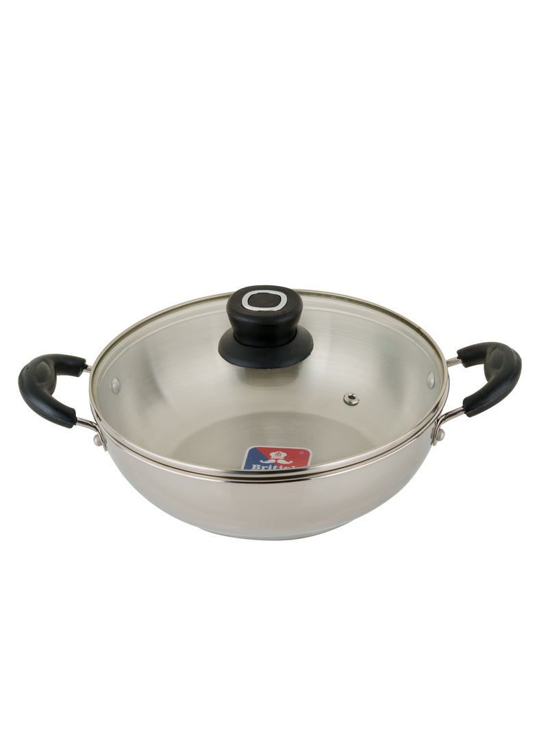 بريتيش شيف مقلاة كاداي من الفولاذ المقاوم للصدأ من British Chef مقاس 22 سم مع غطاء زجاجي | قاعدة متوافقة مع موقد الحث والغاز | مقابض مقاومة للحرارة | مقلاة متعددة الأغراض للقلي العميق والطهي - Image 1