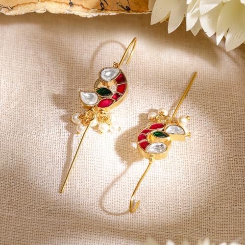 Rubans 22K Gold-Plated Ruby Pink, Emerald Green & White Kundan Studded Crescent Design Handcrafted Ear Cuff with Pearl Beads for Women – Weddings, Festive Occasions & Traditional Ceremonies - Image 4