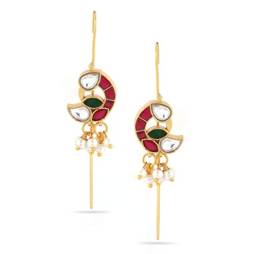 Rubans 22K Gold-Plated Ruby Pink, Emerald Green & White Kundan Studded Crescent Design Handcrafted Ear Cuff with Pearl Beads for Women – Weddings, Festive Occasions & Traditional Ceremonies - Image 1