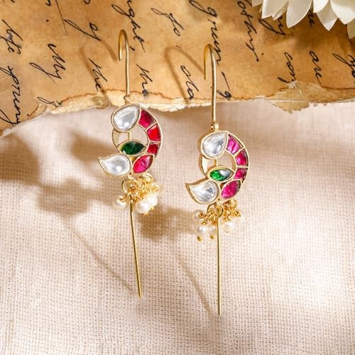 Rubans 22K Gold-Plated Ruby Pink, Emerald Green & White Kundan Studded Crescent Design Handcrafted Ear Cuff with Pearl Beads for Women – Weddings, Festive Occasions & Traditional Ceremonies - Image 2