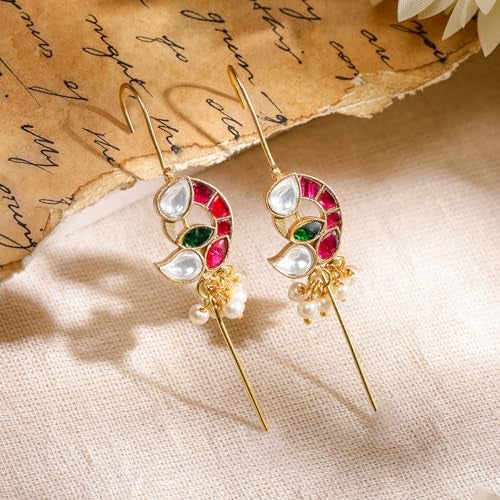 Rubans 22K Gold-Plated Ruby Pink, Emerald Green & White Kundan Studded Crescent Design Handcrafted Ear Cuff with Pearl Beads for Women – Weddings, Festive Occasions & Traditional Ceremonies - Image 3