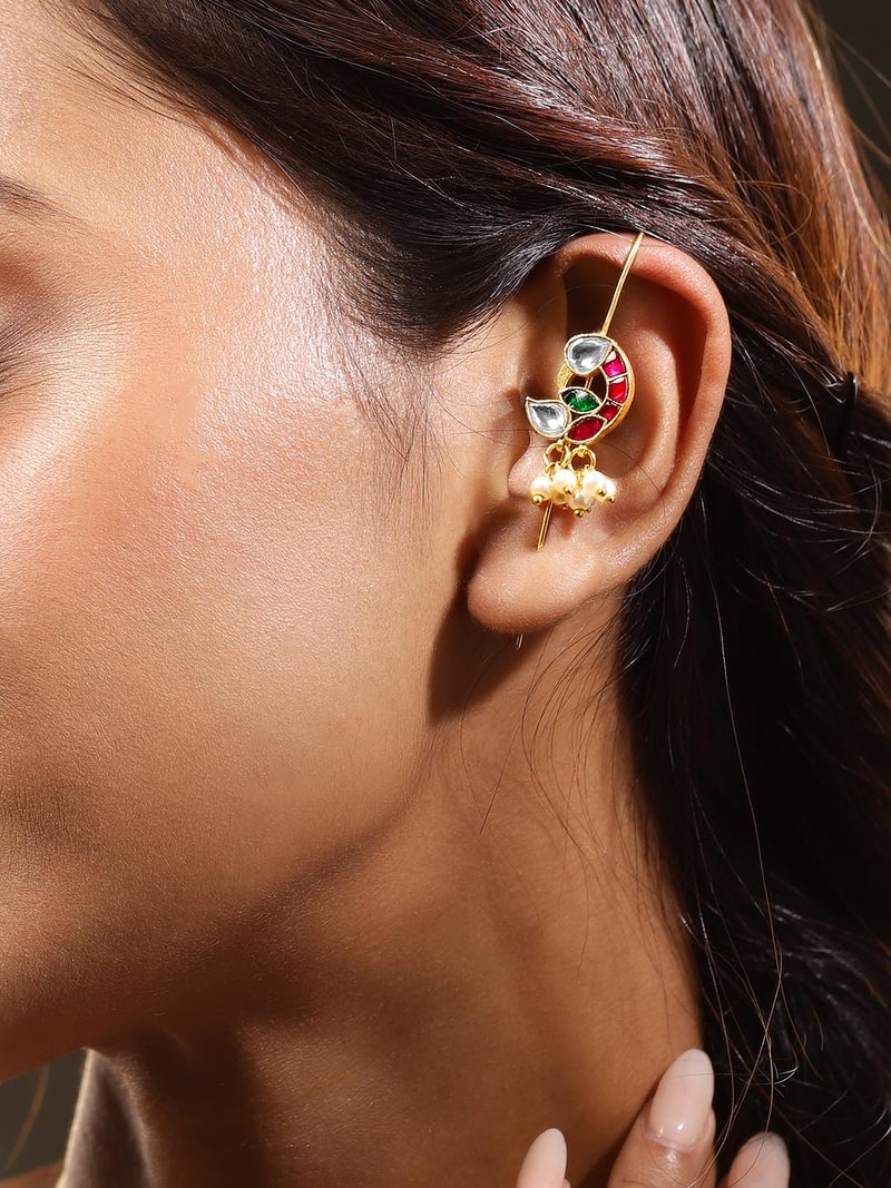 Rubans 22K Gold-Plated Ruby Pink, Emerald Green & White Kundan Studded Crescent Design Handcrafted Ear Cuff with Pearl Beads for Women – Weddings, Festive Occasions & Traditional Ceremonies - Image 5