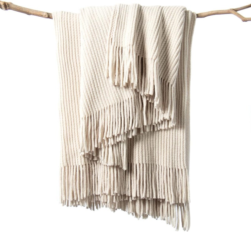 lifein Chenille Throw Blanket 60x80 - Soft Boho Knitted Blanket for Couch Cozy Farmhouse Decor Bed Throw, Lightweight All Season White/Cream Blanket, Decorative for Living Room Bedroom Spring Decor - Image 1