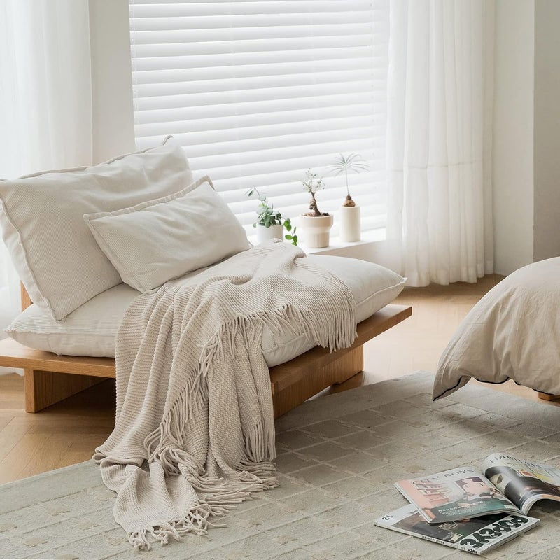 lifein Chenille Throw Blanket 60x80 - Soft Boho Knitted Blanket for Couch Cozy Farmhouse Decor Bed Throw, Lightweight All Season White/Cream Blanket, Decorative for Living Room Bedroom Spring Decor - Image 3