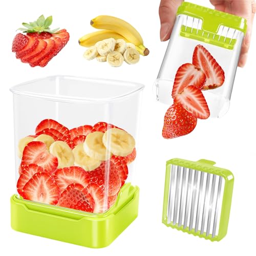 GENGCANG Fruit Slicer Cup for Strawberry, Banana, Hard-Boiled Egg - Detachable Cutter with Push Plate - Rapid & Safe Slicing Kitchen Gadget for Quick Meal Prep (Food green) - Image 1
