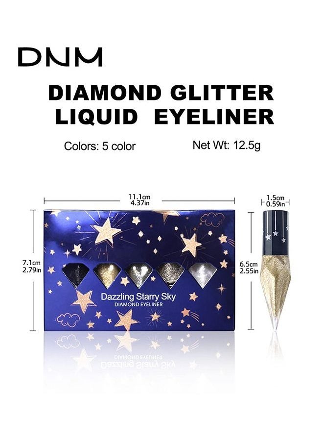 5 PCS Glitter Eyeliner Liquid Set, Metallic Shimmer Eyeshadow, Silver Gold Diamond Eye Liner Stick, Long Lasting Glow Eyeliner Eye Shadow, Ideal Makeup Gift (Starry Sky)