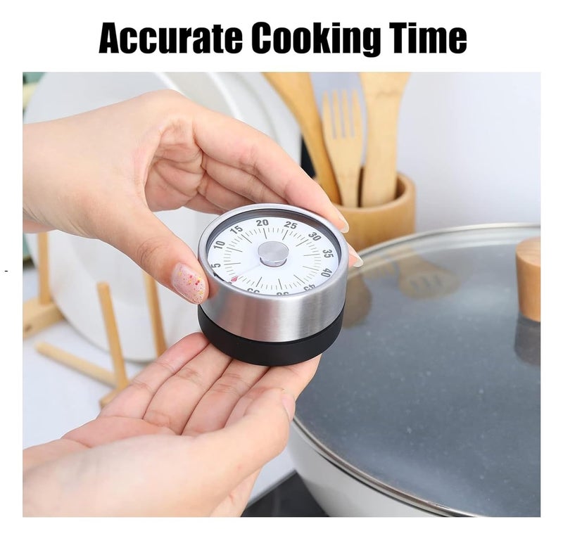 CRULAC Mechanical Analog Kitchen Timer with Magnetic Back Mounted 60 Minutes Visual Countdown with Reminder Alarm Silver and Black - Image 4