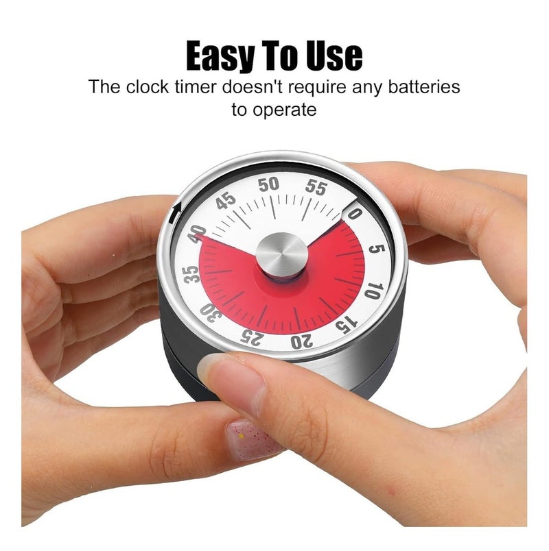 CRULAC Mechanical Analog Kitchen Timer with Magnetic Back Mounted 60 Minutes Visual Countdown with Reminder Alarm Silver and Black - Image 2