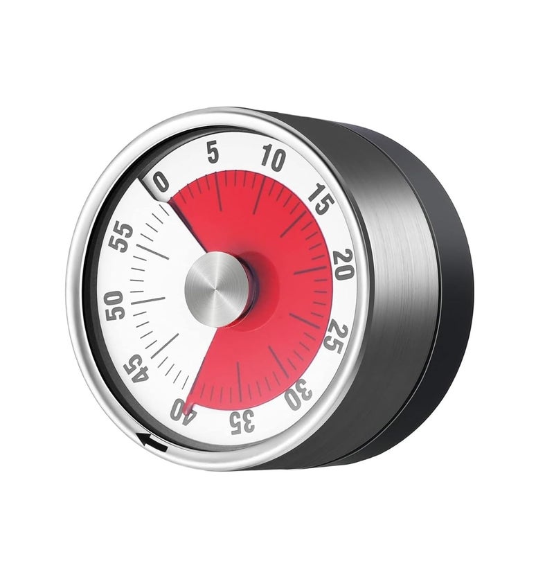 CRULAC Mechanical Analog Kitchen Timer with Magnetic Back Mounted 60 Minutes Visual Countdown with Reminder Alarm Silver and Black - Image 1