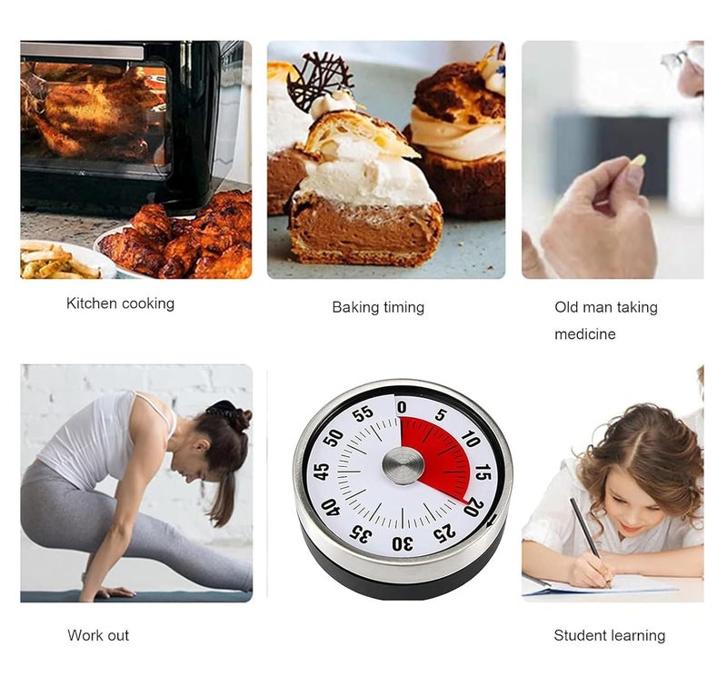 CRULAC Mechanical Analog Kitchen Timer with Magnetic Back Mounted 60 Minutes Visual Countdown with Reminder Alarm Silver and Black - Image 5