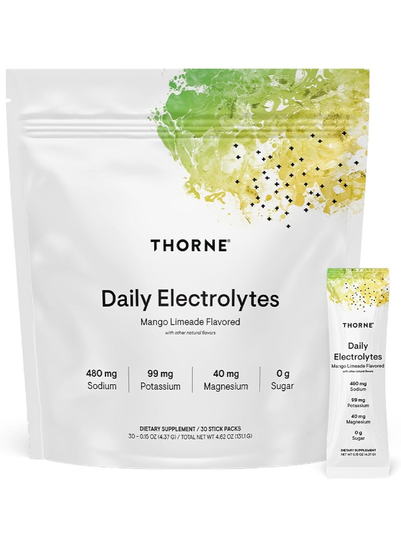 Thorne Daily Electrolytes – Mango Limeade Flavored | 480 mg Sodium | 99 mg Potassium | 40 mg Magnesium | 0 g Sugar | Dietary Supplement – 30 Stick Packs – 30 x 0.15 oz (4.37 g) | Total Net Wt 4.62 oz (131.1 g)  - Image 1