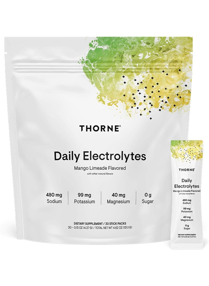 Thorne Daily Electrolytes - Mango Limeade Flavored - with other natural flavors - 480 mg Sodium - 99 mg Potassium - 40 mg Magnesium - 0g Sugar - Dietary Supplement - 30 Stick Packs - Net wt 4.62 oz (131.1 g) - Image 1