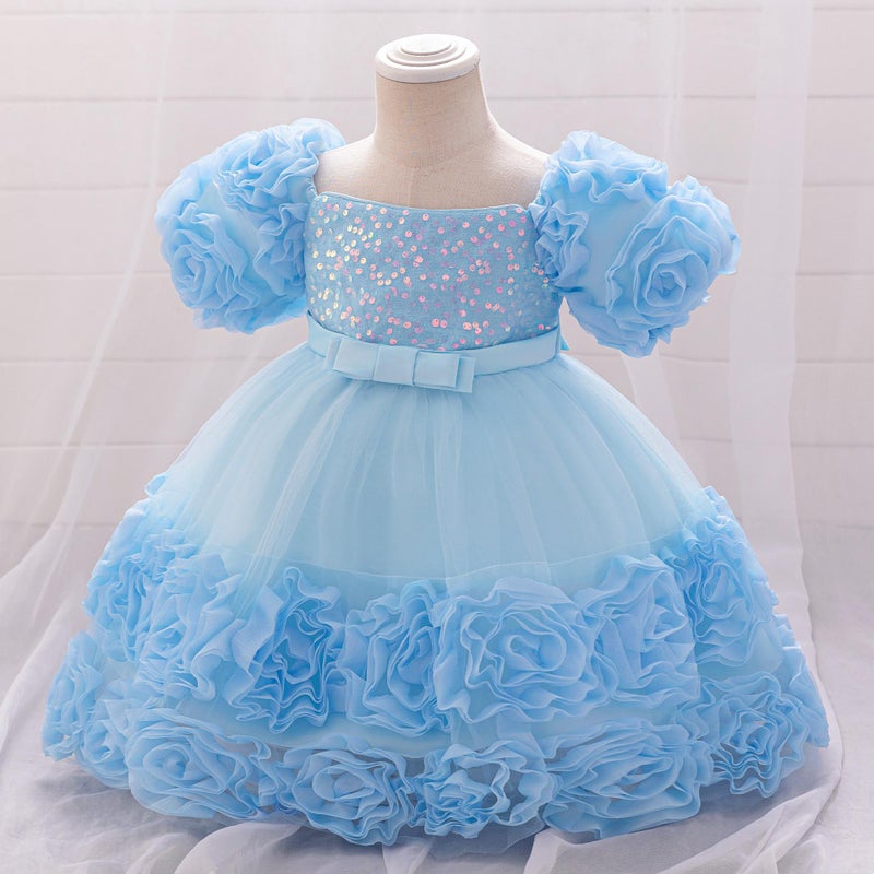 Cross-border New Girls Dress Decal Princess Dress One-year-old Dress Flower Girl Dress Bubble Sleeve Rose dress L2283XZ-Sky Blue