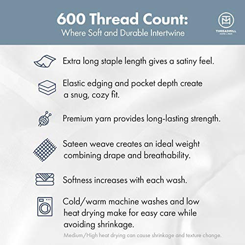 Threadmill 100% Cotton Sheets for Queen Size Bed - 600 Thread Count Queen Bed Sheets Set with 16” Deep Pocket - Sateen Weave 4-Piece Bedding Set with Cooling Effect, White - Image 3