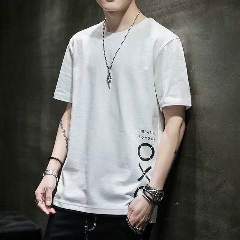 Summer New Mens Short-sleeved T-shirt Slim-fit Student Cartoon Hong Kong Style Tide Brand Round Neck Casual Loose Pullover Base OXO WHITE 