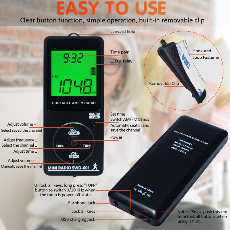 SWDSTP AM/FM Personal Portable Mini Radio with Digital Tuning LCD Display and Backlight Time, SWDSTP Rechargeable Pocket Radio with Earphone and Belt Clip for Walking, Jogging - Image 4