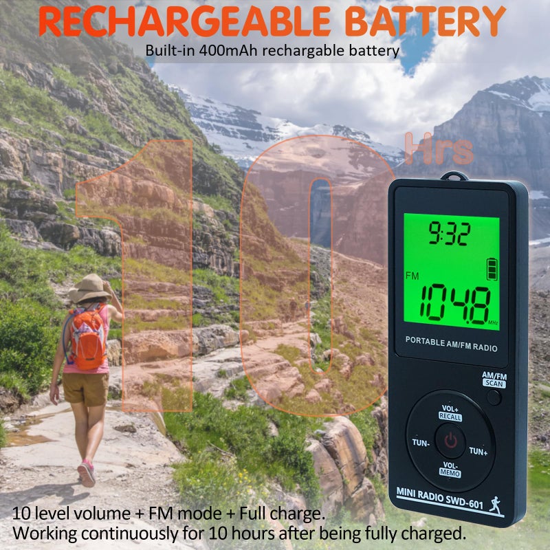 SWDSTP AM/FM Personal Portable Mini Radio with Digital Tuning LCD Display and Backlight Time, SWDSTP Rechargeable Pocket Radio with Earphone and Belt Clip for Walking, Jogging - Image 5
