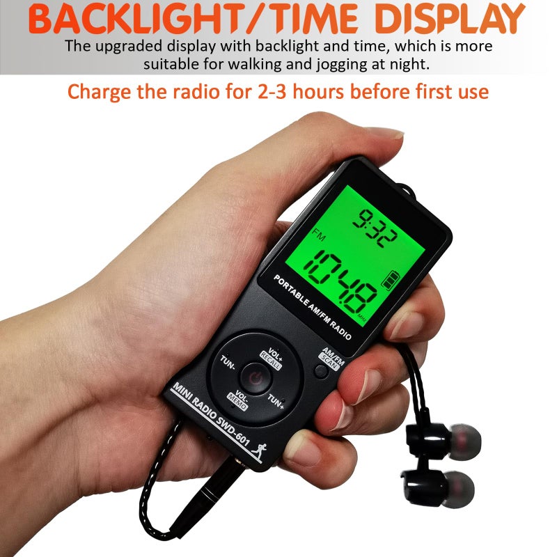 SWDSTP AM/FM Personal Portable Mini Radio with Digital Tuning LCD Display and Backlight Time, SWDSTP Rechargeable Pocket Radio with Earphone and Belt Clip for Walking, Jogging - Image 2