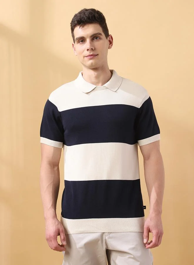Dennis Lingo Men's Navy Flat Knit Striped Regular Fit T-Shirt