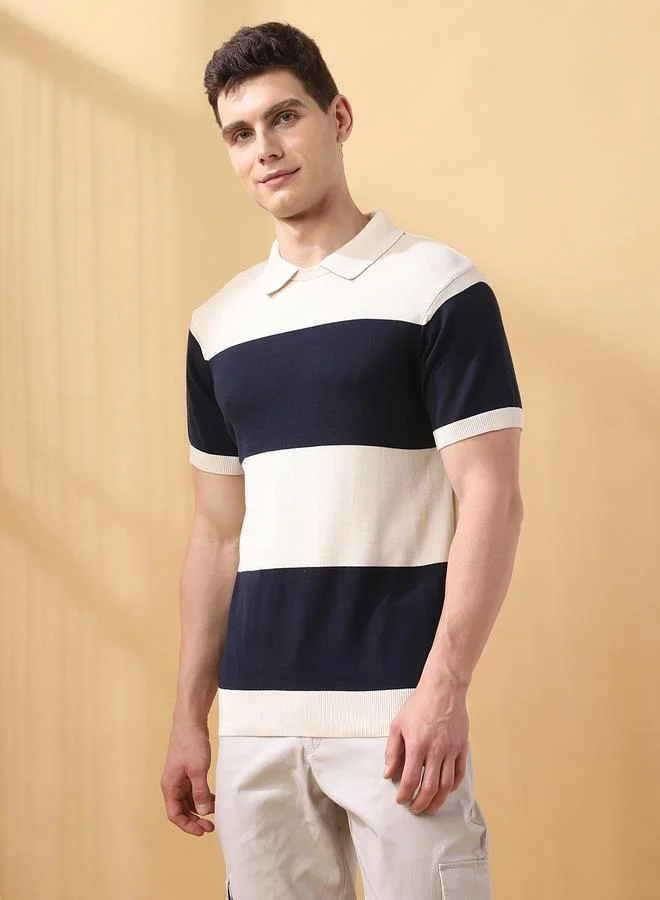 Dennis Lingo Men's Navy Flat Knit Striped Regular Fit T-Shirt