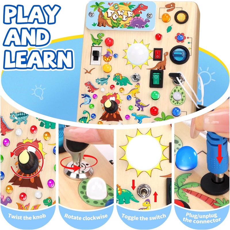 Grarain Busy Board with led Light，Montessori Toys for 1+ Year Old，Wooden Toddler Busy Board，Sensory Toys for Kids with Autism，Busy Board for Toddlers 2-4(Dinosaur Busy Board Plus V2) - Image 3