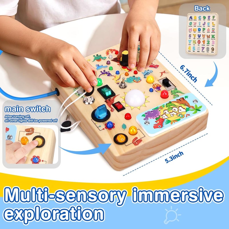 Grarain Busy Board with led Light，Montessori Toys for 1+ Year Old，Wooden Toddler Busy Board，Sensory Toys for Kids with Autism，Busy Board for Toddlers 2-4(Dinosaur Busy Board Plus V2) - Image 2