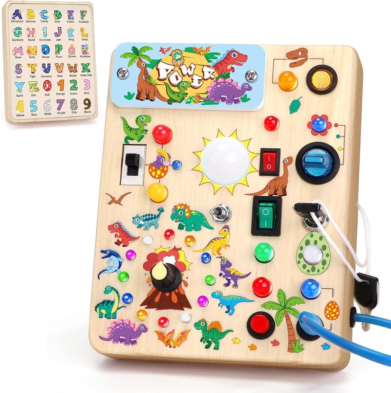 Grarain Busy Board with led Light，Montessori Toys for 1+ Year Old，Wooden Toddler Busy Board，Sensory Toys for Kids with Autism，Busy Board for Toddlers 2-4(Dinosaur Busy Board Plus V2) - Image 1