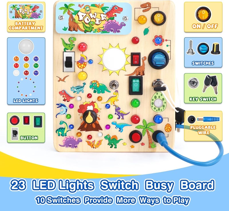Grarain Busy Board with led Light，Montessori Toys for 1+ Year Old，Wooden Toddler Busy Board，Sensory Toys for Kids with Autism，Busy Board for Toddlers 2-4(Dinosaur Busy Board Plus V2) - Image 5