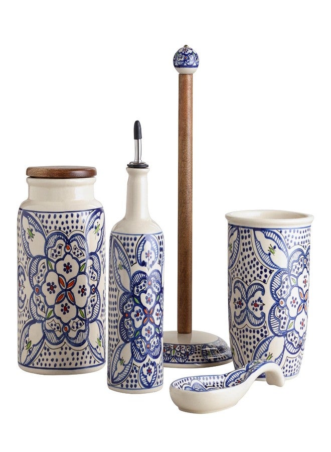 Goodscious Tunis Freestanding Ceramic and Wood Paper Towel Holder Countertop - Ceramic Napkin Roll & Paper Towel Stand for Kitchen Table - Stand Alone Wooden Papertowel Kitchen Roll Holder - African Home Decor - Image 2