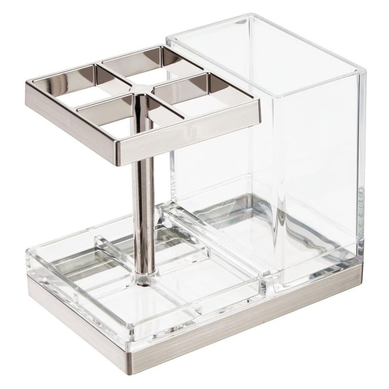 mDesign Plastic Toothbrush and Toothpaste Storage Organizer Holder - Home Decor for Bathroom Countertop - Holds Toiletries and Beauty Accessories - Lumiere Collection - Navy Blue/Chrome - Image 1