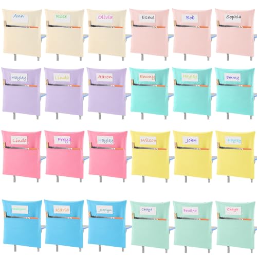 Xaatren 24 Pcs Small Chair Pockets for Classroom 14 Inch School Chairs Bag Chairback Buddy Seat Pocket Student Classroom Organizer with Name Tag for Primary School Chair up to 14'' Wide(Pastel Color) - Image 1