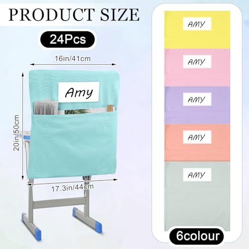 Xaatren 24 Pcs Small Chair Pockets for Classroom 14 Inch School Chairs Bag Chairback Buddy Seat Pocket Student Classroom Organizer with Name Tag for Primary School Chair up to 14'' Wide(Pastel Color) - Image 2