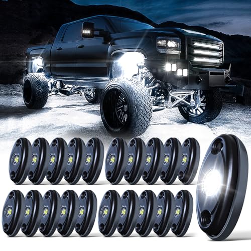 LEDMIRCY LED White Rock Lights 20PCS for Off Road Truck ATV SUV RZR Auto Car Boat Waterproof High Power Underglow Neon Lights Underbody Trail TRAI Rig Light Shockproof20 Pods White