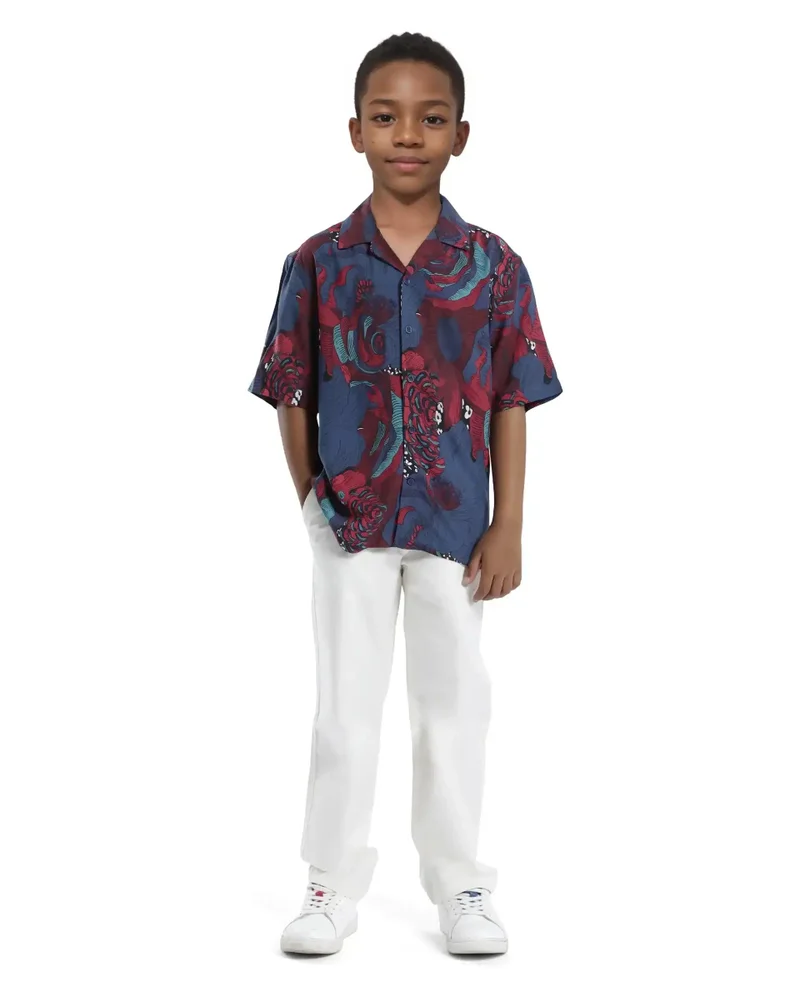 Rare Ones Rare Ones Kids Junf Blue Viscose Half Sleeve Button Printed Regular Fit Shirt