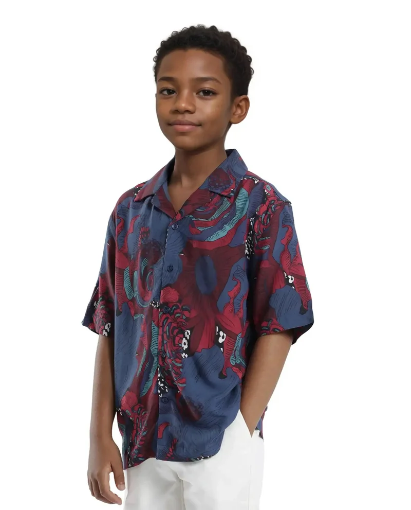 Rare Ones Rare Ones Kids Junf Blue Viscose Half Sleeve Button Printed Regular Fit Shirt