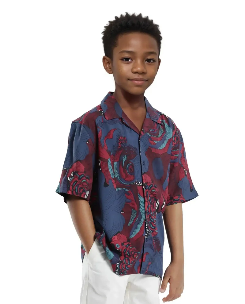 Rare Ones Rare Ones Kids Junf Blue Viscose Half Sleeve Button Printed Regular Fit Shirt