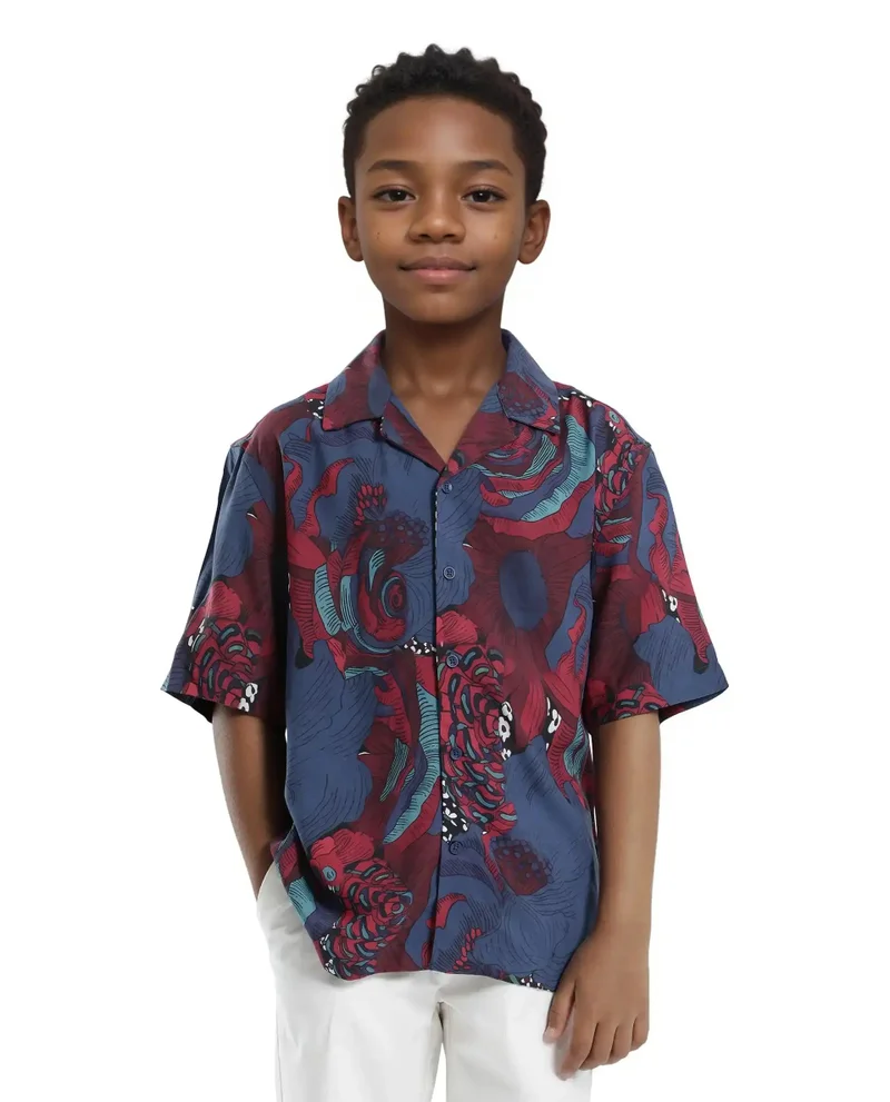 Rare Ones Rare Ones Kids Junf Blue Viscose Half Sleeve Button Printed Regular Fit Shirt