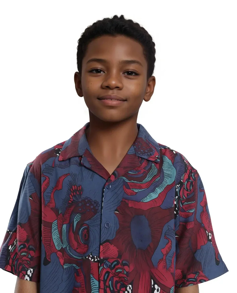 Rare Ones Rare Ones Kids Junf Blue Viscose Half Sleeve Button Printed Regular Fit Shirt