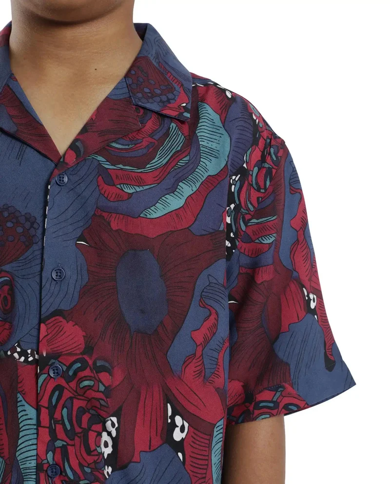 Rare Ones Rare Ones Kids Junf Blue Viscose Half Sleeve Button Printed Regular Fit Shirt