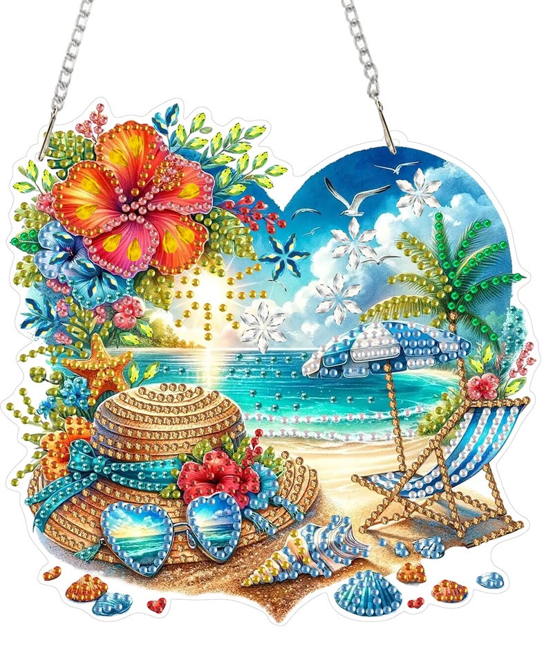 ARPADAMO Hanging Diamonds Art kit for Adult,DIY Summer Beach Pendant Diamonds Painting Art Kit, 7.2x7 inch Acrylic Diamonds Painting Board Kit Ornament, Special Crystal Diamond Hanging Ornament - Image 1