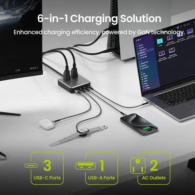 SHARGE 6-in-1 Charging Station 100W GaN Power Strip PD Desk Charger With 5 ft Cord, 2 AC, 3 USB-C, 1 USB-A Port for Home Office Travel - Image 3