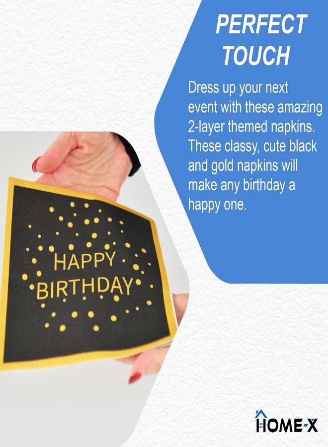HOME-X Happy Birthday Black and Gold Paper Napkins, Square Party Napkins, 48 Count - 6.5" x 6.5" - Image 3