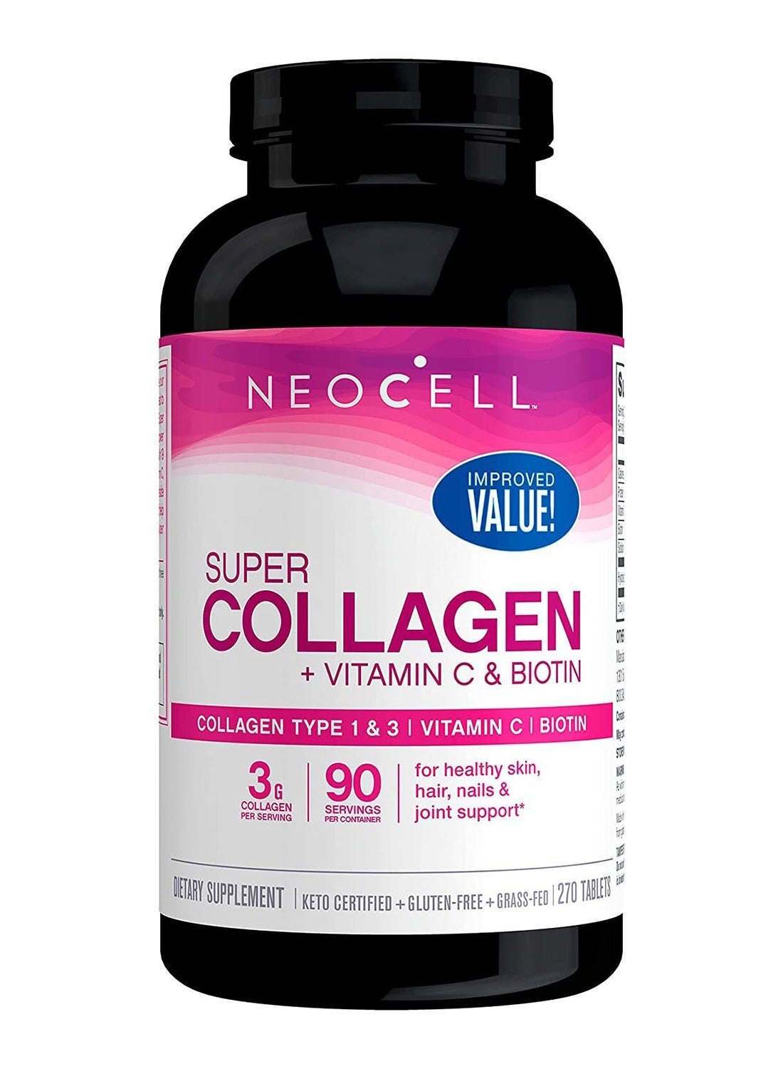 Grassfed Collagen Peptides + Vitamin C + Biotin | 6g Collagen Type 1 & 3 | 5,000mcg Biotin | Supports Healthy Hair, Skin, Nail & Joints | 270 Tablets