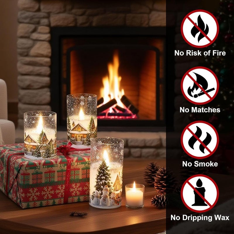 DRomance Snowman House Glass Flameless Candles Battery Operated with Remote and Timer Real Wax LED Flickering Pillar Candles Cold White Light Window Christmas Holiday Decor 3" D x 4", 5", 6" H - Image 3