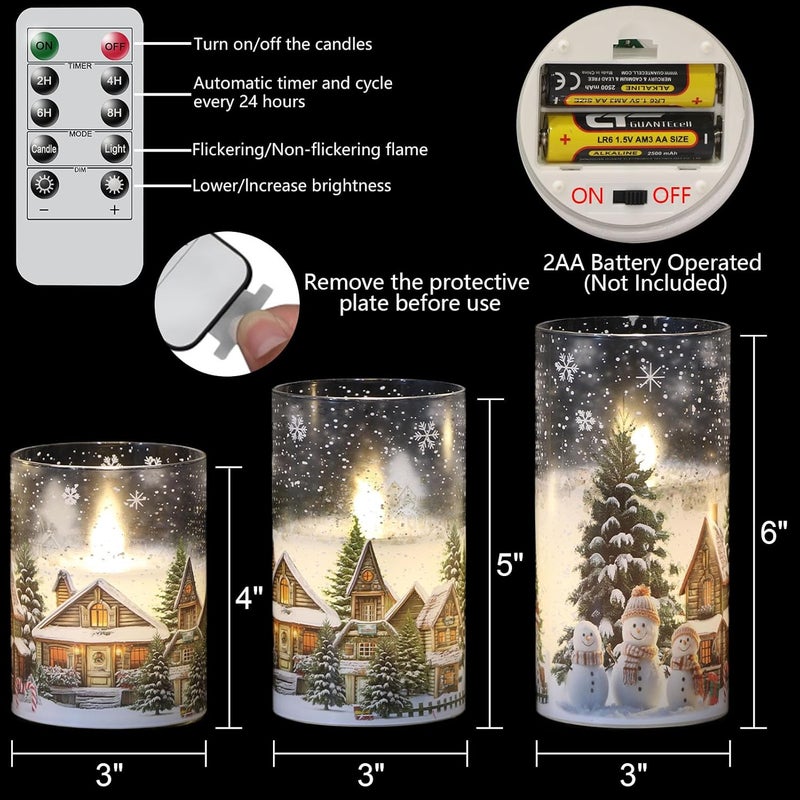 DRomance Snowman House Glass Flameless Candles Battery Operated with Remote and Timer Real Wax LED Flickering Pillar Candles Cold White Light Window Christmas Holiday Decor 3" D x 4", 5", 6" H - Image 2