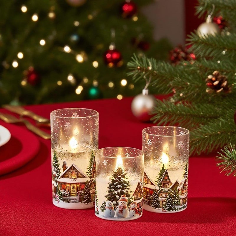 DRomance Snowman House Glass Flameless Candles Battery Operated with Remote and Timer Real Wax LED Flickering Pillar Candles Cold White Light Window Christmas Holiday Decor 3" D x 4", 5", 6" H - Image 4