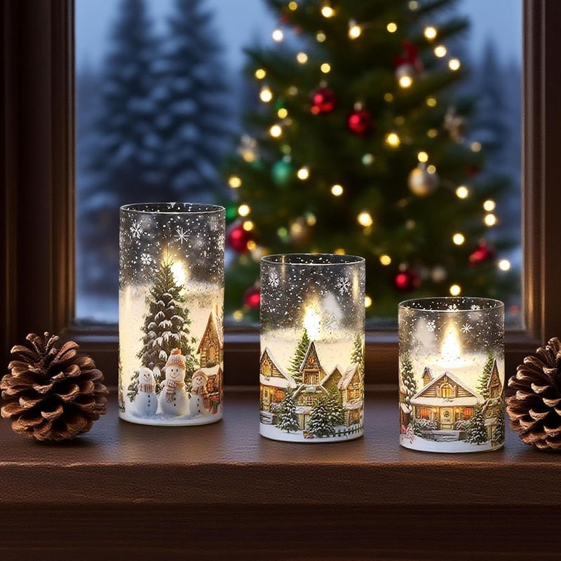 DRomance Snowman House Glass Flameless Candles Battery Operated with Remote and Timer Real Wax LED Flickering Pillar Candles Cold White Light Window Christmas Holiday Decor 3" D x 4", 5", 6" H - Image 5