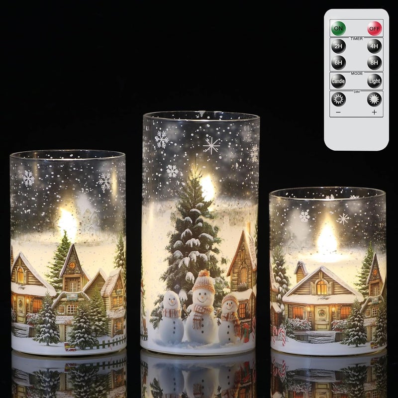 DRomance Snowman House Glass Flameless Candles Battery Operated with Remote and Timer Real Wax LED Flickering Pillar Candles Cold White Light Window Christmas Holiday Decor 3" D x 4", 5", 6" H - Image 1